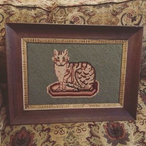 Vintage needlepoint cat framed art